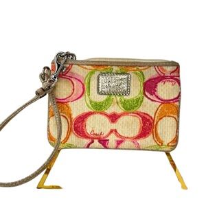 Coach Multicolor Signature Canvas Wristlet - Cream, Pink, Green, Orange